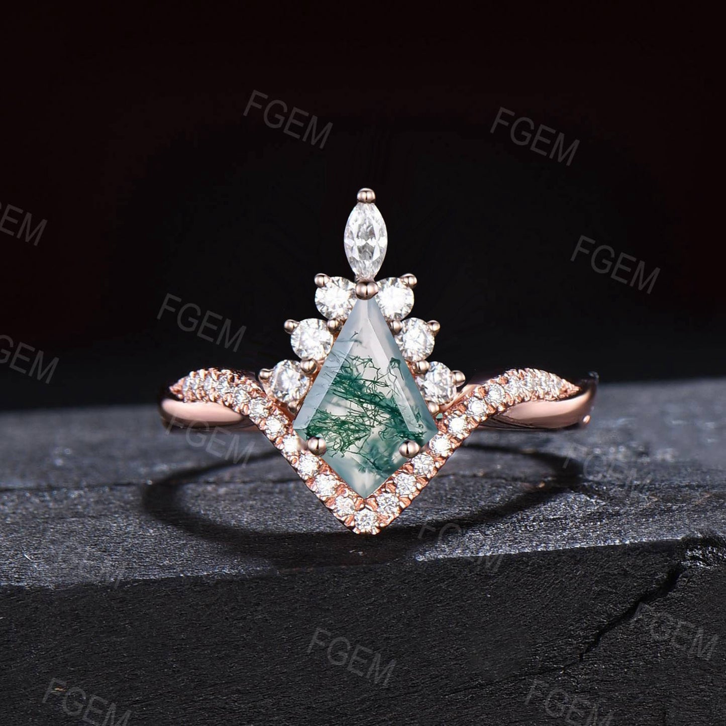 Natural Moss Agate Bridal Set Vintage 1ct Kite Moss Engagement Ring Halo Moissanite Moss Green Emerald Wedding Promise Ring Anniversary Gift