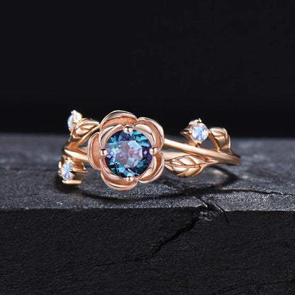 Nature Inspired Flower Wedding Ring Round Color-Change Alexandrite Engagement Ring Leaf Cluster Moonstone Bypass Ring June Birthstone Gifts