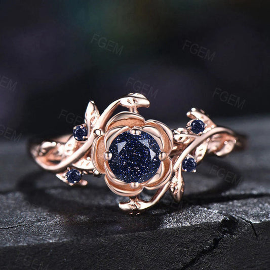 5mm Round Rose Flower Galaxy Blue Sandstone Wedding Ring Nature Inspired Starry Sky Blue Goldstone Engagement Ring Leaf Branch Promise Ring