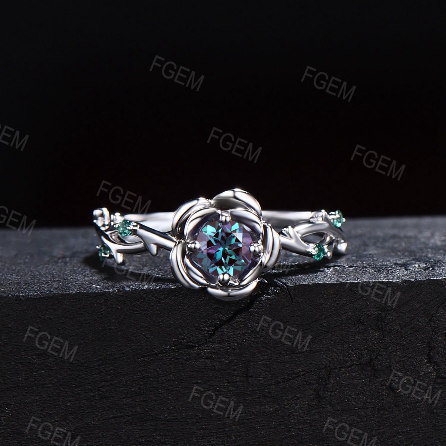 Rose Flower Color-Change Alexandrite Engagement Bridal Set Cluster Green Emerald Ring Twig Vine Floral Blue Sandstone Platinum Promise Ring