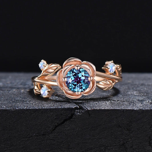 Nature Inspired Flower Wedding Ring Round Color-Change Alexandrite Engagement Ring Leaf Cluster Moonstone Bypass Ring June Birthstone Gifts