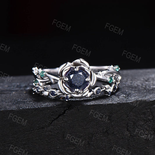 Rose Flower Galaxy Starry Sky Blue Sandstone Bridal Set Cluster Green Emerald Ring Twig Vine Floral Blue Goldstone Platinum Proposal Ring