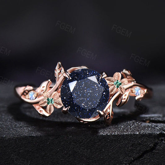 1ct Round Galaxy Blue Sandstone Engagement Ring Floral Wedding Ring Green Emerald Moonstone Promise Ring Unique Anniversary Gifts For Women