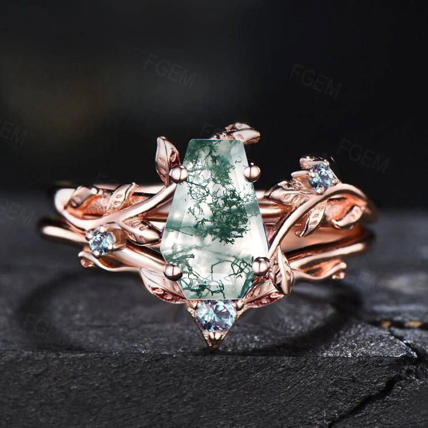 Coffin Cut Natural Green Moss Agate Ring Set Vintage Cluster Alexandrite Ring Nature Inspired Branch Moss Agate Leaf Wedding Bridal Ring Set