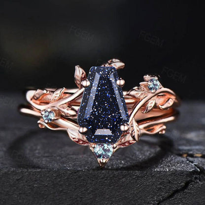 Coffin Shaped Galaxy Blue Sandstone Engagement Rings Set Vintage Long Hexagon Blue Goldstone Nature Wedding Ring Cluster Alexandrite Rings