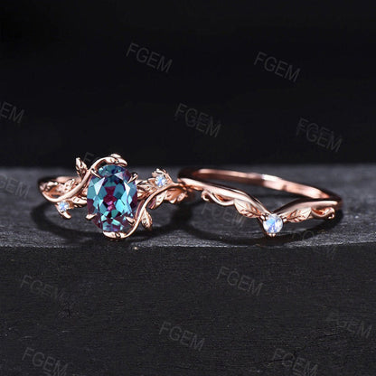 1.5ct Oval Alexandrite Moonstone Bridal Ring Set Branch Leaf Vine Color-Change Alexandrite Engagement Ring Unique Wedding Anniversary Gifts