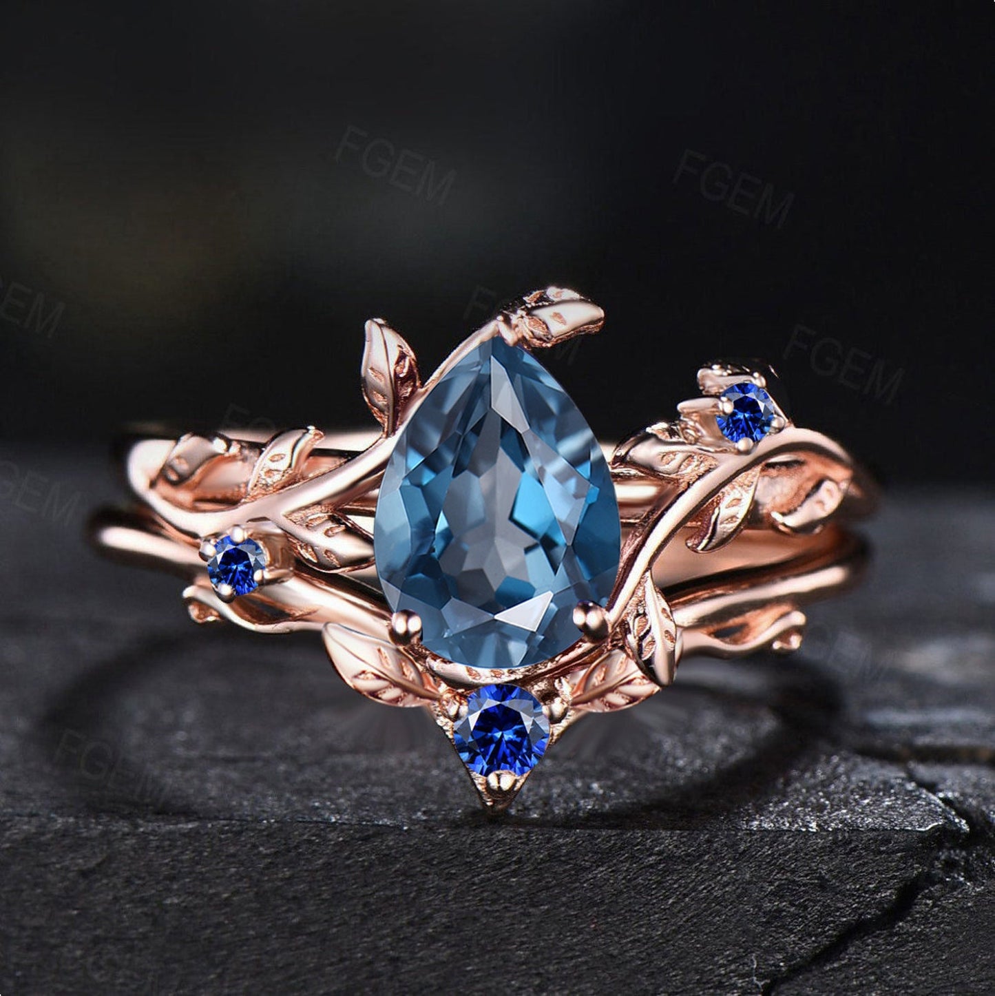 Nature Inspired London Blue Topaz Sapphire Wedding Ring Set Blue Promise Ring Unique 1.25ct Pear Shaped London Blue Topaz Branch Bridal Set