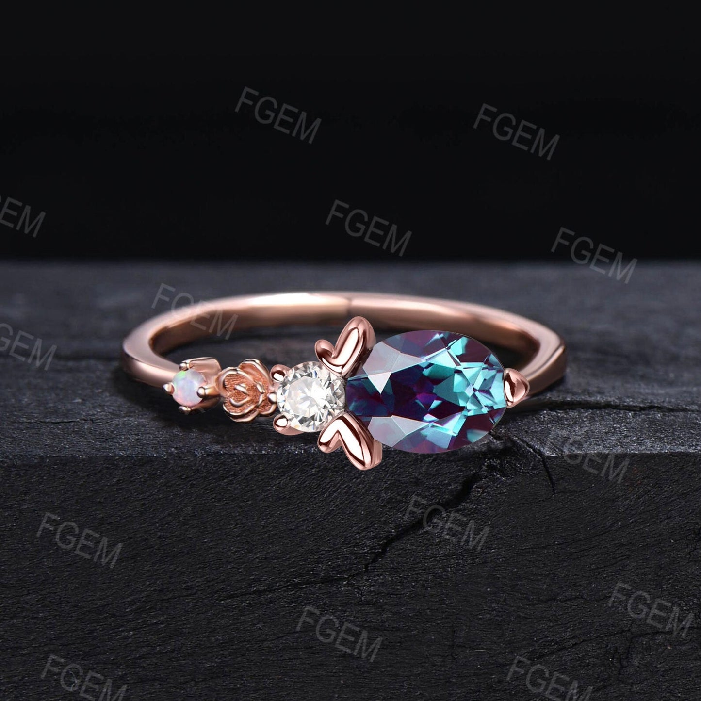 Cute Honey Bee Flower Alexandrite Engagement Ring East West Oval Ring Floral Opal Moissanite Wedding Ring Handmade Anniversary Promise Rings