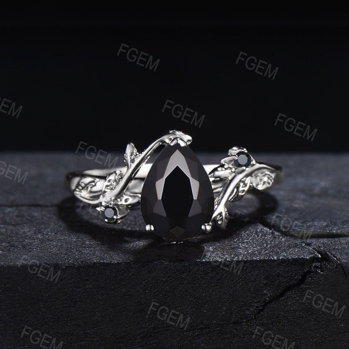 Nature Inspired Natural Black Onyx Engagement Ring Set Vintage Antique Leaf Twig Branch Black Bridal Set 1.25ct Pear Black Onyx Wedding Ring