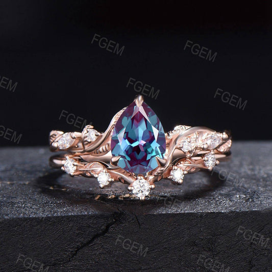 Nature Inspired Color-Change Alexandrite Moissanite Bridal Set 14K Rose Gold Branch Pear Alexandrite Wedding Ring Cluster Moissanite Rings