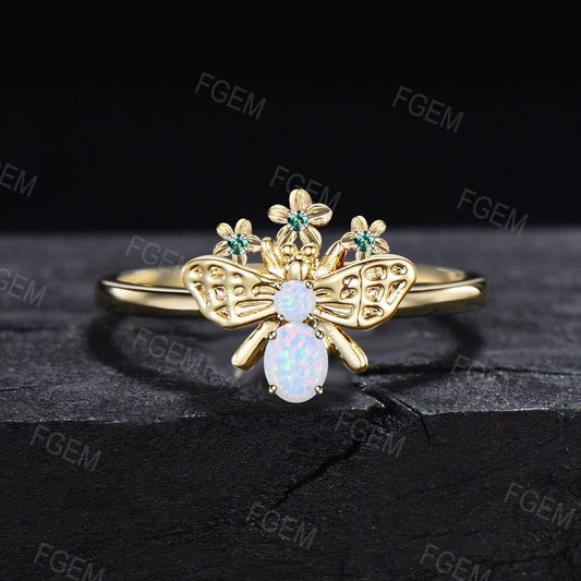 Oval White Opal Ring Handcrafted Honey Bee Opal Wedding Ring Green Emerald Floral Jewelry Women Personalized Anniversary Promise Ring Gifts