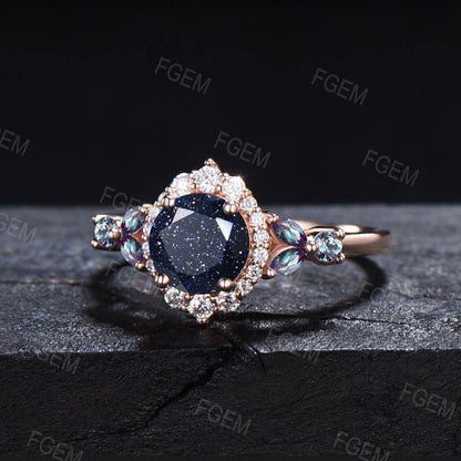 Round Cut Galaxy Starry Sky Blue Sandstone Halo Moissanite Wedding Ring Cluster Alexandrite Ring Vintage Unique Anniversary/Proposal Gifts