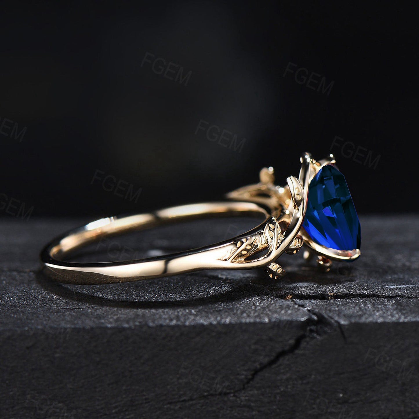 Yellow Gold Blue Sapphire Nature Engagement Ring Vintage 1.25ct Pear Blue Sapphire Wedding Ring September Birthstone Gemstone Jewelry Gifts
