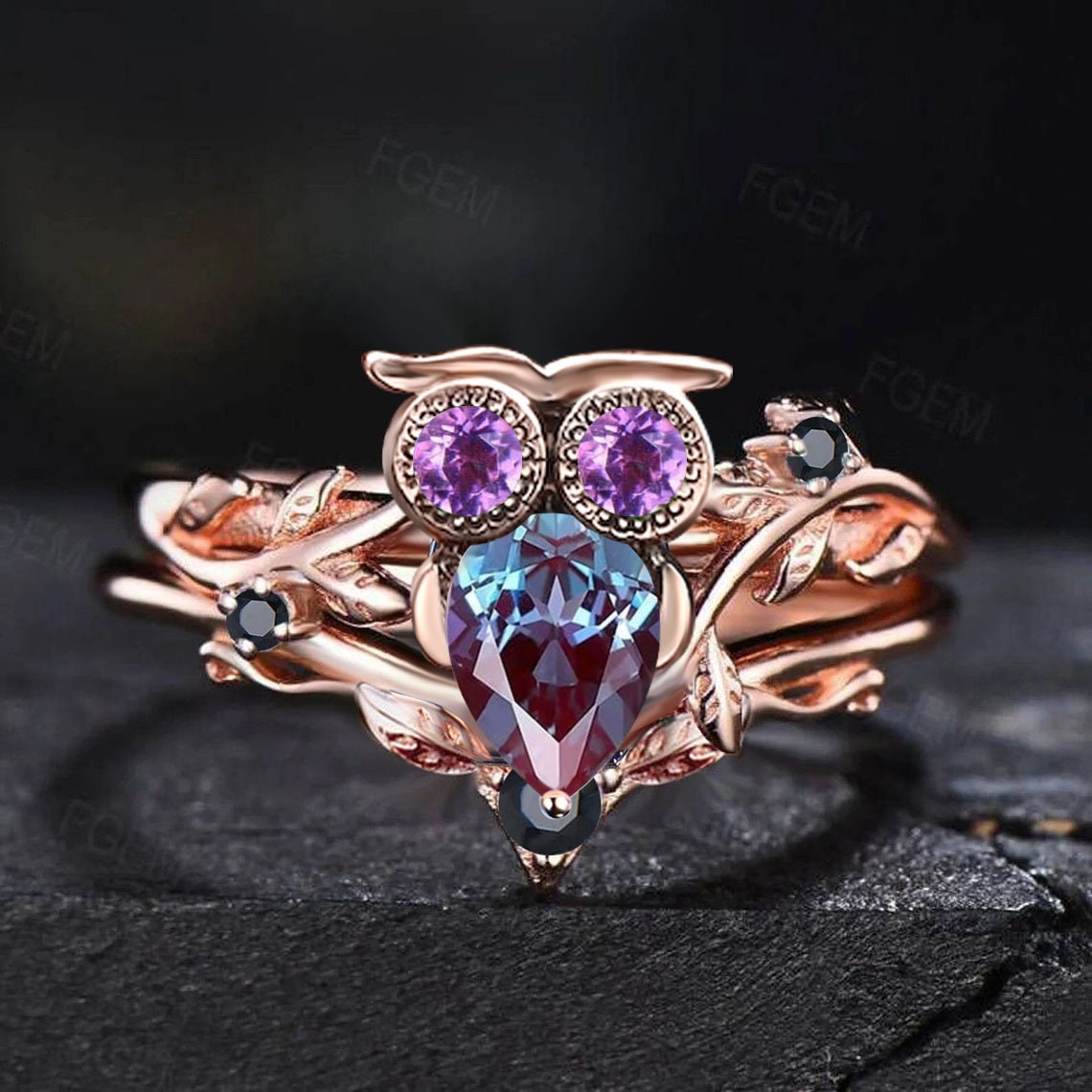 Pear Shaped Alexandrite Bridal Set Nature Inspired Owl Design Alexandrite Engagement Ring Branch Vine Ring Set Unique Amethyst Wedding Rings