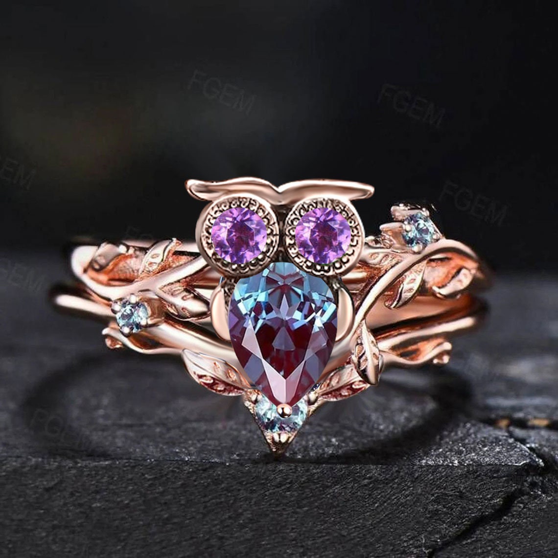 Pear Shaped Alexandrite Bridal Set Nature Inspired Owl Design Alexandrite Engagement Ring Branch Vine Ring Set Unique Amethyst Wedding Rings