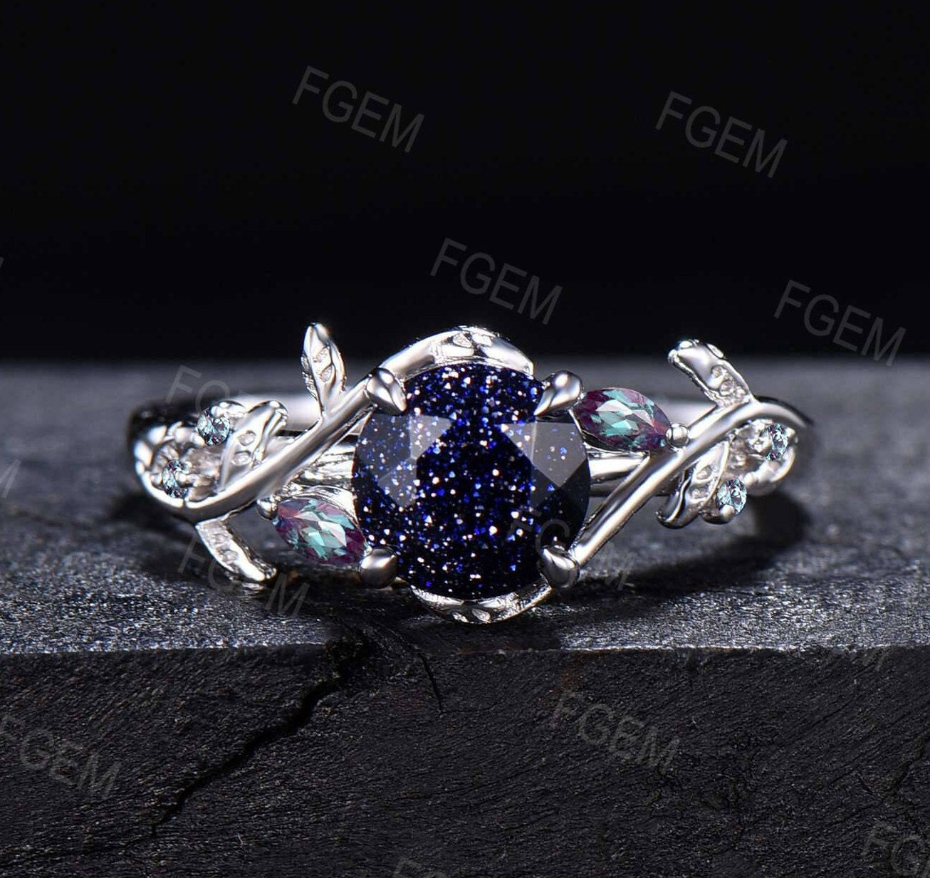 1ct Nature Inspired Round Galaxy Blue Sandstone Engagement Ring Cluster Alexandrite Ring Blue Goldstone Ring Anniversary/Promise Gift Women