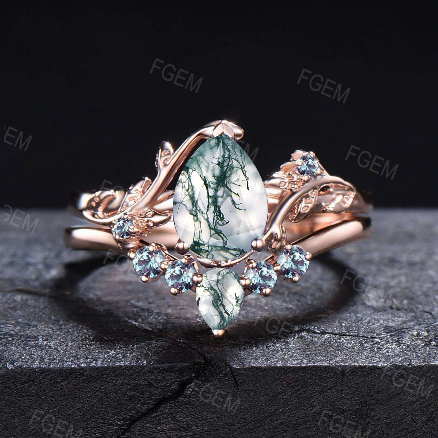 Pear Natural Moss Agate Alexandrite Bridal Set Nature Inspired Moss Agate Engagement Ring Unique Leaf Vine Branch Wedding Anniversary Rings