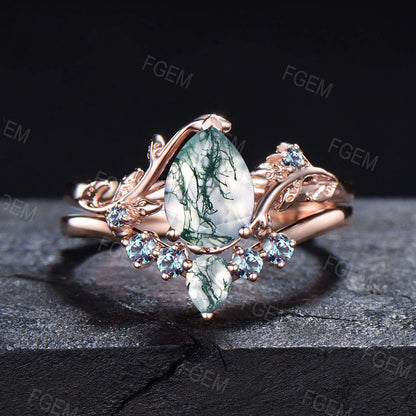 Pear Natural Moss Agate Alexandrite Bridal Set Nature Inspired Moss Agate Engagement Ring Unique Leaf Vine Branch Wedding Anniversary Rings