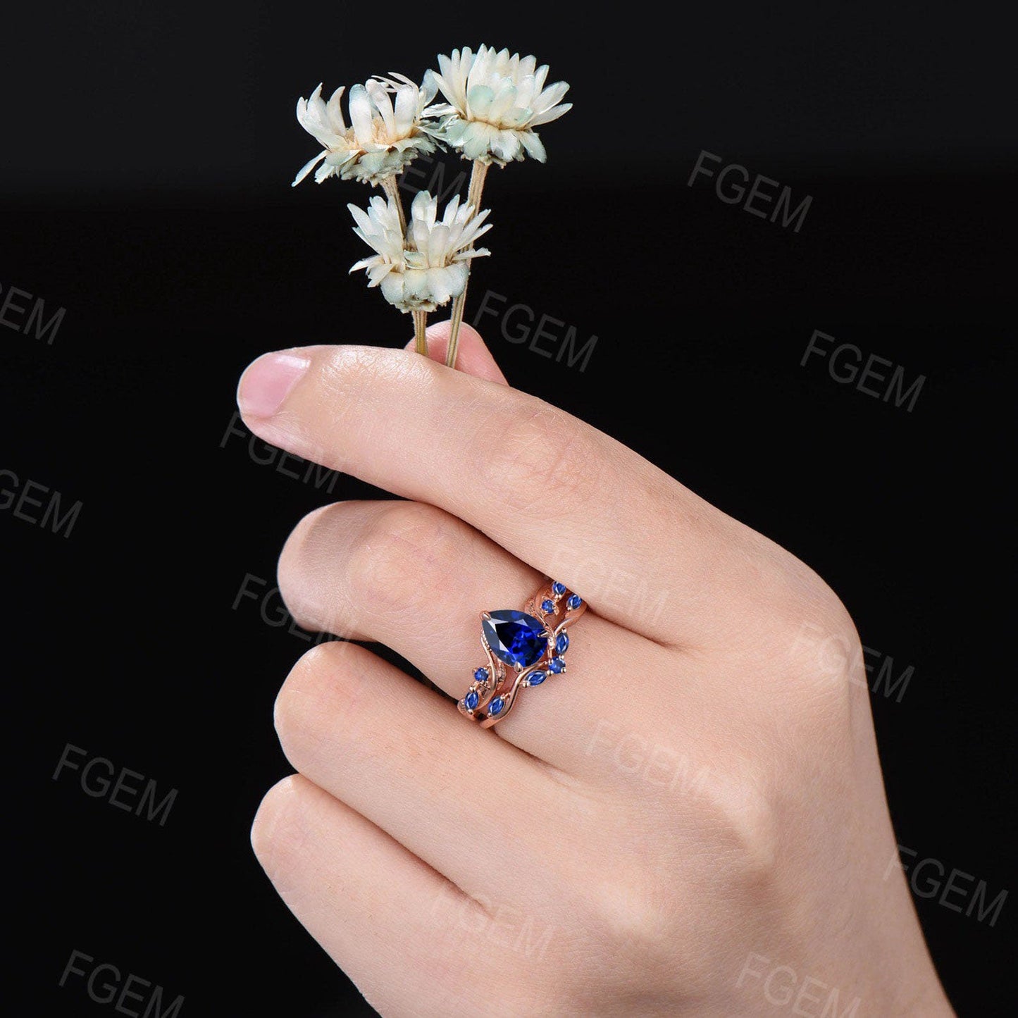 1.25ct Pear Nature Inspired Blue Sapphire Engagement Ring Twist Band September Birthstone Wedding Ring Set Leaf Vine Ring Branch Bridal Set