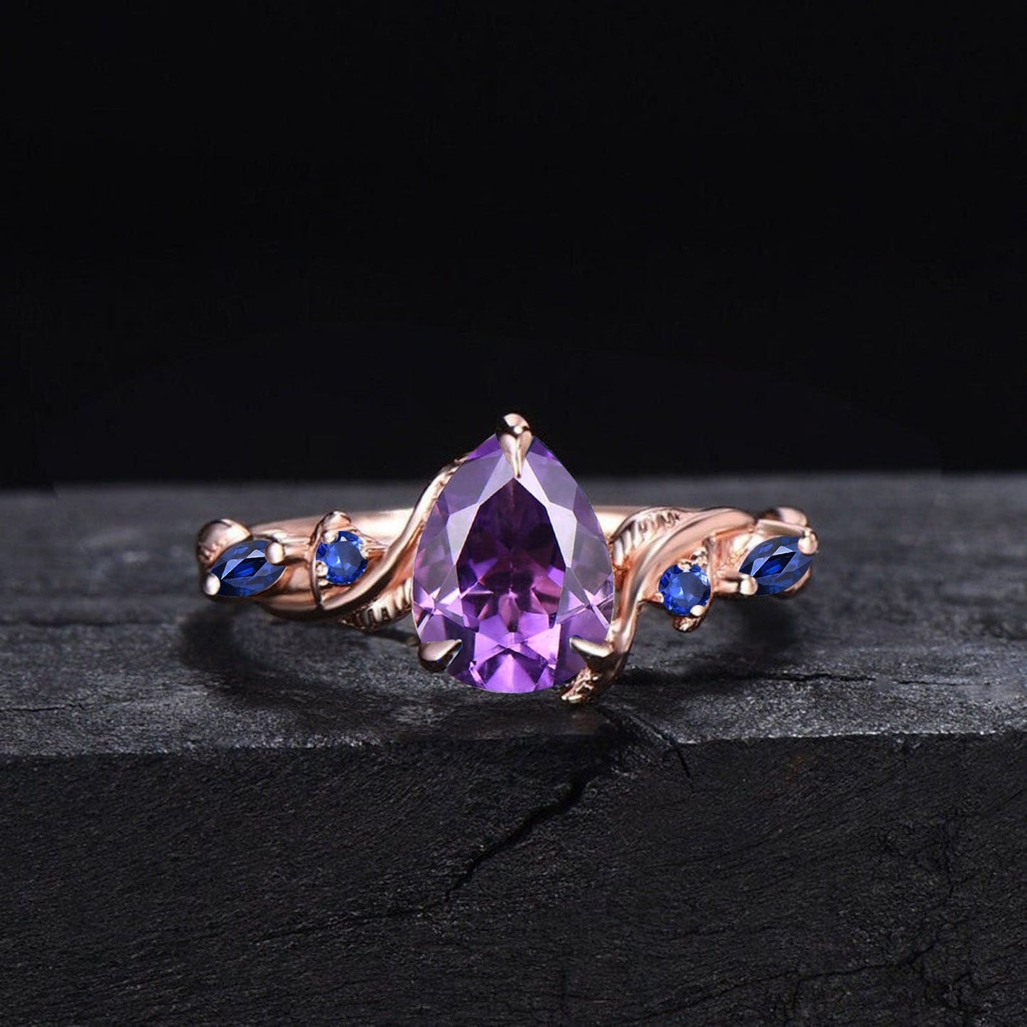 1.25ct Pear Nature Inspired Real Amethyst Blue Sapphire Engagement Ring Twist Band February Birthstone Wedding Ring Vine Branch Bridal Sets