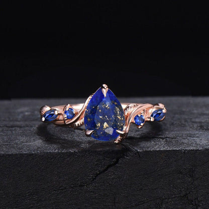 Twig Vine Natural Lapis Lazuli Engagement Ring Set Vintage Pear Cut Lapis Gold Ring Blue Sapphire Promise Rings Antique Noble Gift for Women
