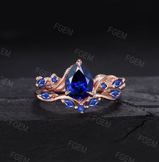 1.25ct Pear Nature Inspired Blue Sapphire Engagement Ring Twist Band September Birthstone Wedding Ring Set Leaf Vine Ring Branch Bridal Set