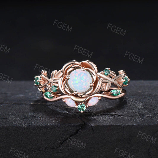Nature Inspired 5mm Round Cut White Opal Emerald Engagement Ring Set 10K Rose Gold Twist Leaf Vine Rose Flower Floral Opal Wedding Ring Set