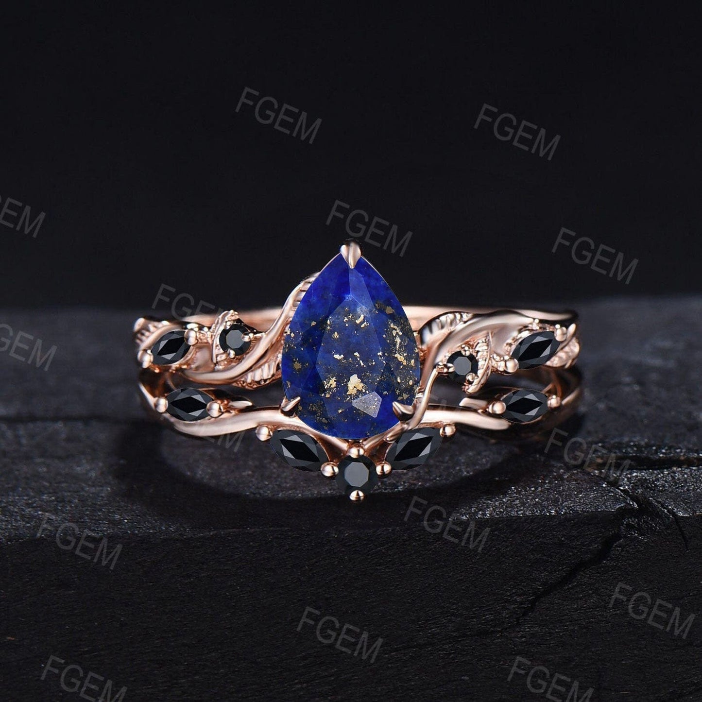 1.25ct Pear Cut Natural Lapis Lazuli & Black Spinel Engagement Ring 10K Rose Gold Vintage Nature Inspired Lapis Gold Wedding Ring Antique Gift