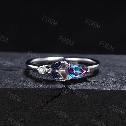 Unique Pear Alexandrite Flower Ring Dainty Leaf marquise Galaxy Blue Goldstone Ring July Birthstone Minimalist Wedding Ring Birthday Gifts