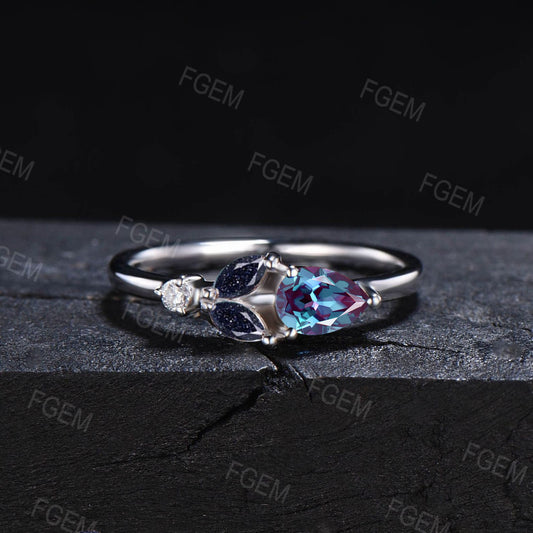 Unique Pear Alexandrite Flower Ring Dainty Leaf marquise Galaxy Blue Goldstone Ring July Birthstone Minimalist Wedding Ring Birthday Gifts