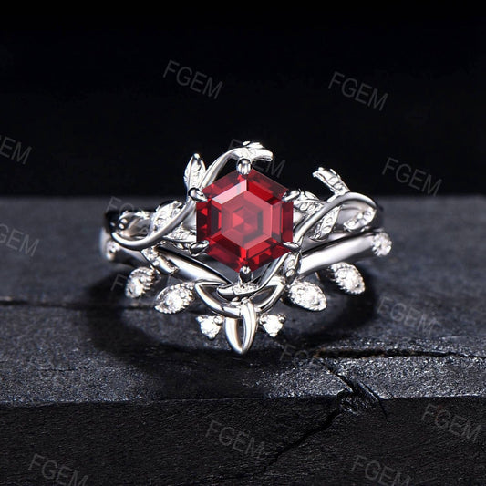 1ct Hexagon Ruby Bridal Set 10K White Gold Nature Inspired Twig Leaf Red Ruby Engagement Rings July Birthstone Gift Celtic Knot Wedding Ring
