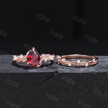 1.25ct Pear Ruby Gemstone Jewelry 14K Rose Gold Nature Wedding Ring Twig Leaf Ruby Bridal Set Unique Anniversary Ring July Birthstone Gifts