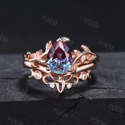 Nature Engagement Ring Set 10K/14K/18K Rose Gold Unique 1.25ct Pear Shaped Alexandrite Leaf Solitaire Rings Celtic Wedding Band Promise Gift