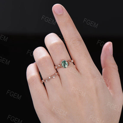 1.25ct Pear Green Moss Agate Bridal Set 14K Rose Gold Nature Inspired Natural Aquatic Agate Wedding Ring Twig Leaf Moissanite Diamond Rings