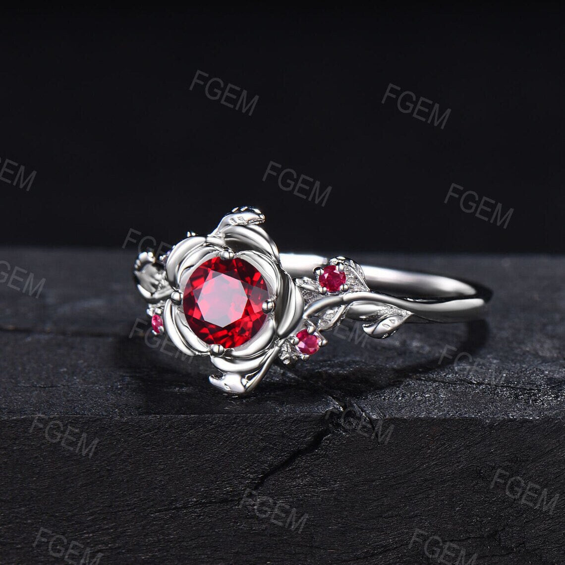Rose Flower Red Ruby Engagement Rings 14K Rose Gold Twig Leaf Nature Inspired Round Ruby Engagement Ring Anniversary/July Birthstone Gifts