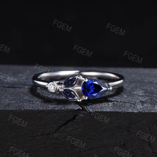 Unique Blue Sapphire Roses Ring Dainty Leaf marquise Galaxy Blue Goldstone Ring September Birthstone Minimalist Wedding Ring Birthday Gifts