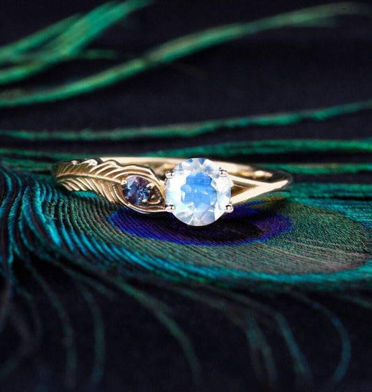 Peacock Feather Design Real Moonstone Alexandrite Wedding Ring Unique Feather Engagement Ring June Birthstone Jewelry Women Anniversary Gift