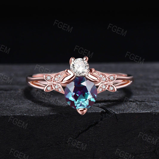 Round Cut Alexandrite Moissanite Engagement Ring Cute Honey Bee Wedding Ring 10K Rose Gold Split Shank Band Handmade Butterfly Diamond Ring