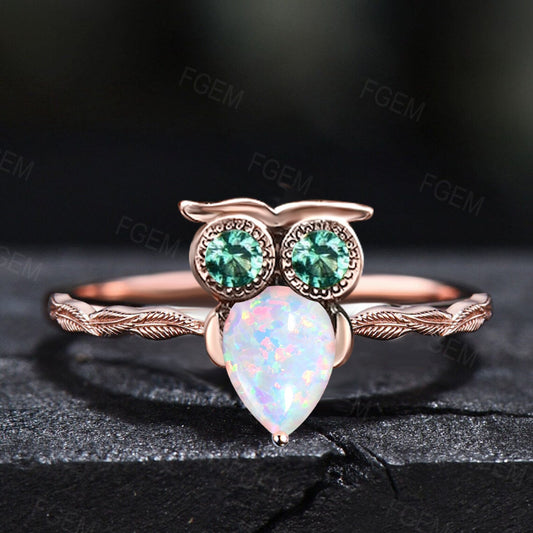 Nature Inspired Pear Cut White Opal Ring Cute Owl Engagement Ring Vintage Unique Green Emerald Wedding Ring Unique Solitaire Promise Rings