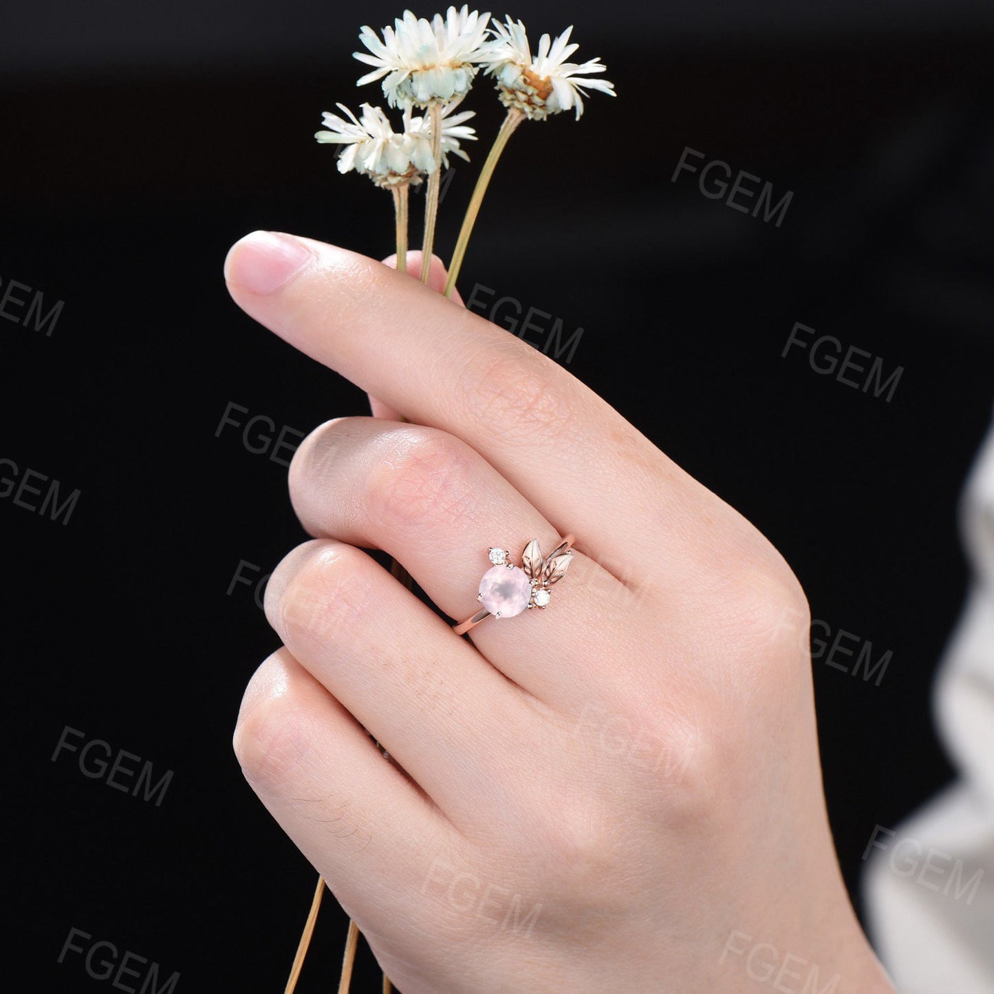 1ct Round Cut Natural Pink Rose Quartz Ring Rose Gold Nature Inspired Leaf Engagement Ring Cluster Moissanite Ring Heal Natural Crystal Gift