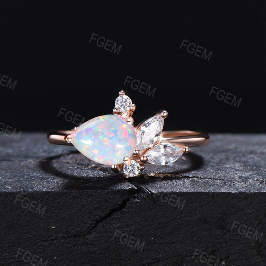 White Opal Ring for Women Rose Gold Ring Pear Opal Engagement Ring Sterling Silver Cluster Moissanite Ring October Birthstone Jewelry Gift