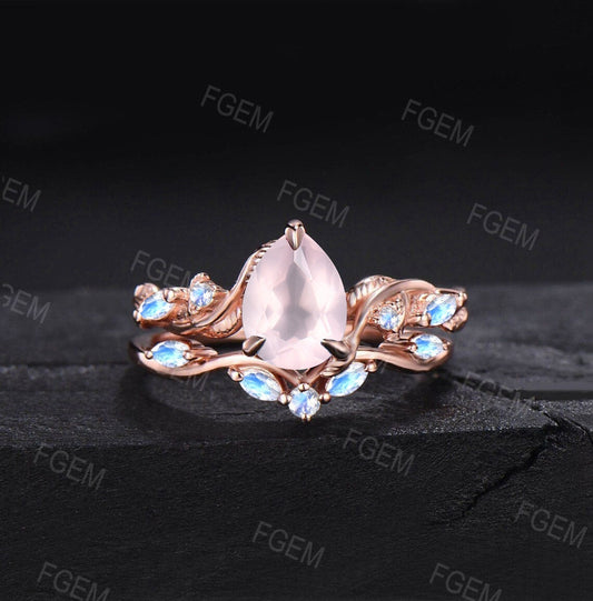 1.25ct Pear Natural Pink Rose Quartz Engagement Ring Cluster Rose Gold Crystal Bridal Set Nature Inspired Rose Quartz Moonstone Wedding Ring