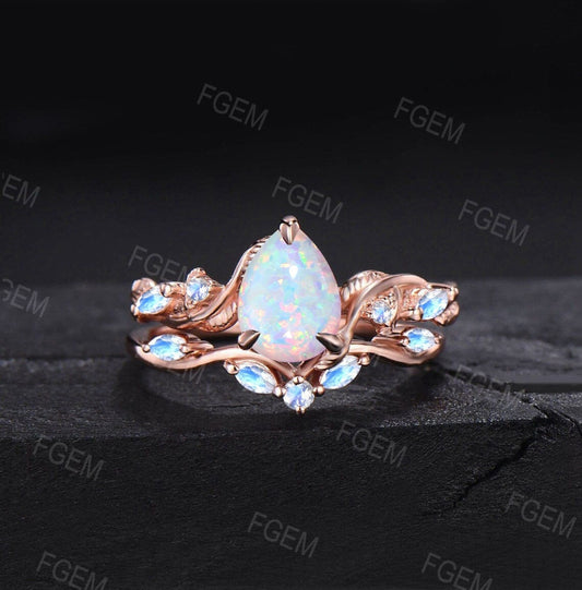 Nature Inspired White Opal Ring Set Vintage 1.25ct Pear Shaped Branch Twig Moonstone Opal Engagement Ring Twist Leaf Fire Opal Wedding Ring