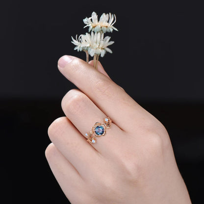 Nature Inspired Flower Wedding Ring Round Color-Change Alexandrite Engagement Ring Leaf Cluster Moonstone Bypass Ring June Birthstone Gifts