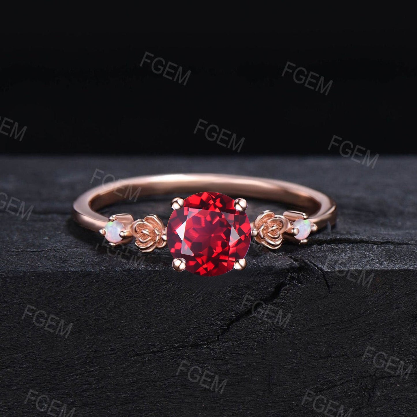 5mm Round Cut Ruby Engagement Ring Rose Gold Red Ruby Promise Rings Cluster Floral Opal Ring Women July Birthstone Anniversary/Birthday Gift