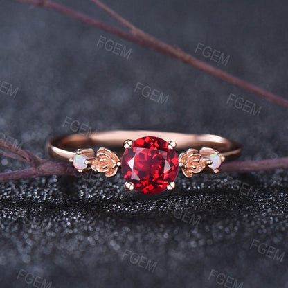 5mm Round Cut Ruby Engagement Ring Rose Gold Red Ruby Promise Rings Cluster Floral Opal Ring Women July Birthstone Anniversary/Birthday Gift
