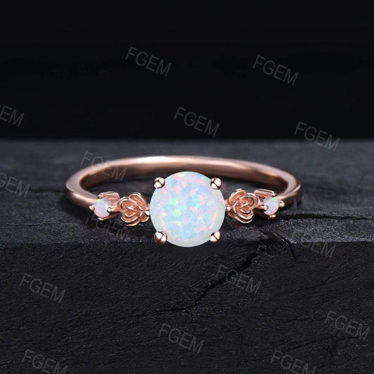 5mm Round Cut White Opal Flower Engagement Ring Rose Gold Fire Opal Promise Rings Floral Wedding Ring October Birthstone Jewelry Gifts Women