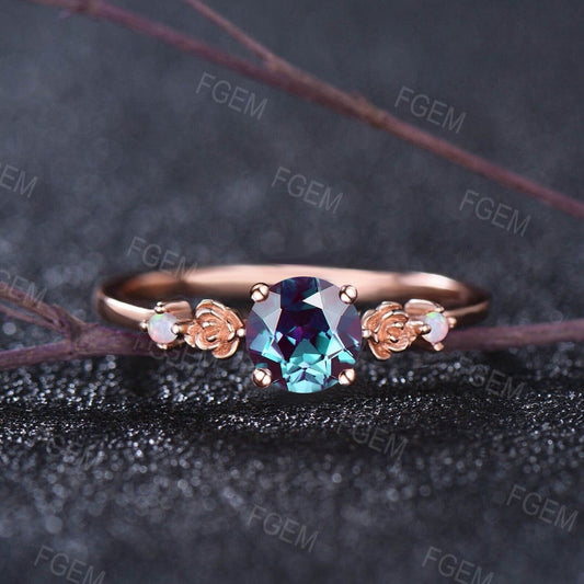 Unique Nature Inspired Wedding Ring Art Deco 6.5mm Round Cut Flower Floral Alexandrite Opal Engagement Ring June Birthstone Birthday Gifts