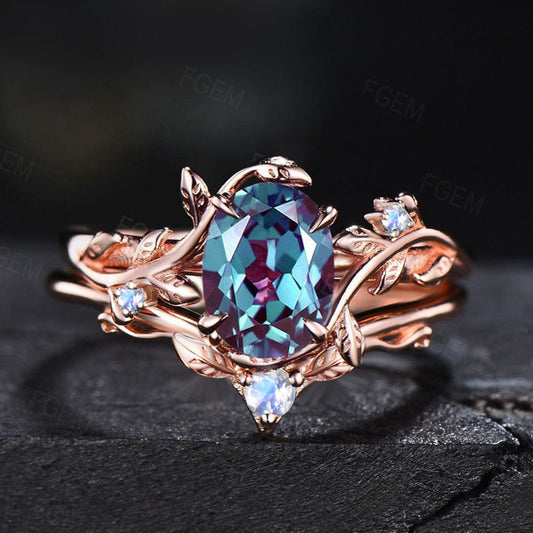 1.5ct Oval Alexandrite Moonstone Bridal Ring Set Branch Leaf Vine Color-Change Alexandrite Engagement Ring Unique Wedding Anniversary Gifts