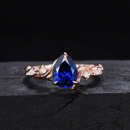 1.25ct Nature Inspired Blue Sapphire Moissanite Engagement Ring Twist Band Moonstone Wedding Ring Leaf Vine Branch Blue Sapphire Bridal Set
